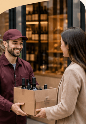Amster Wine local delivery handoff with a bottle box