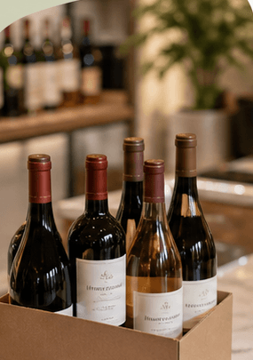 Six bottles of wine arranged in a half-case box
