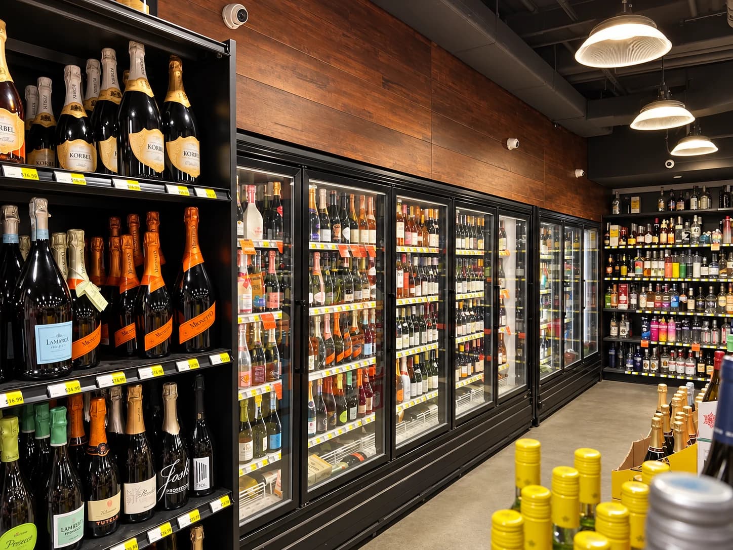 Champagne and sparkling wine shelves beside the long refrigerated wine selection.