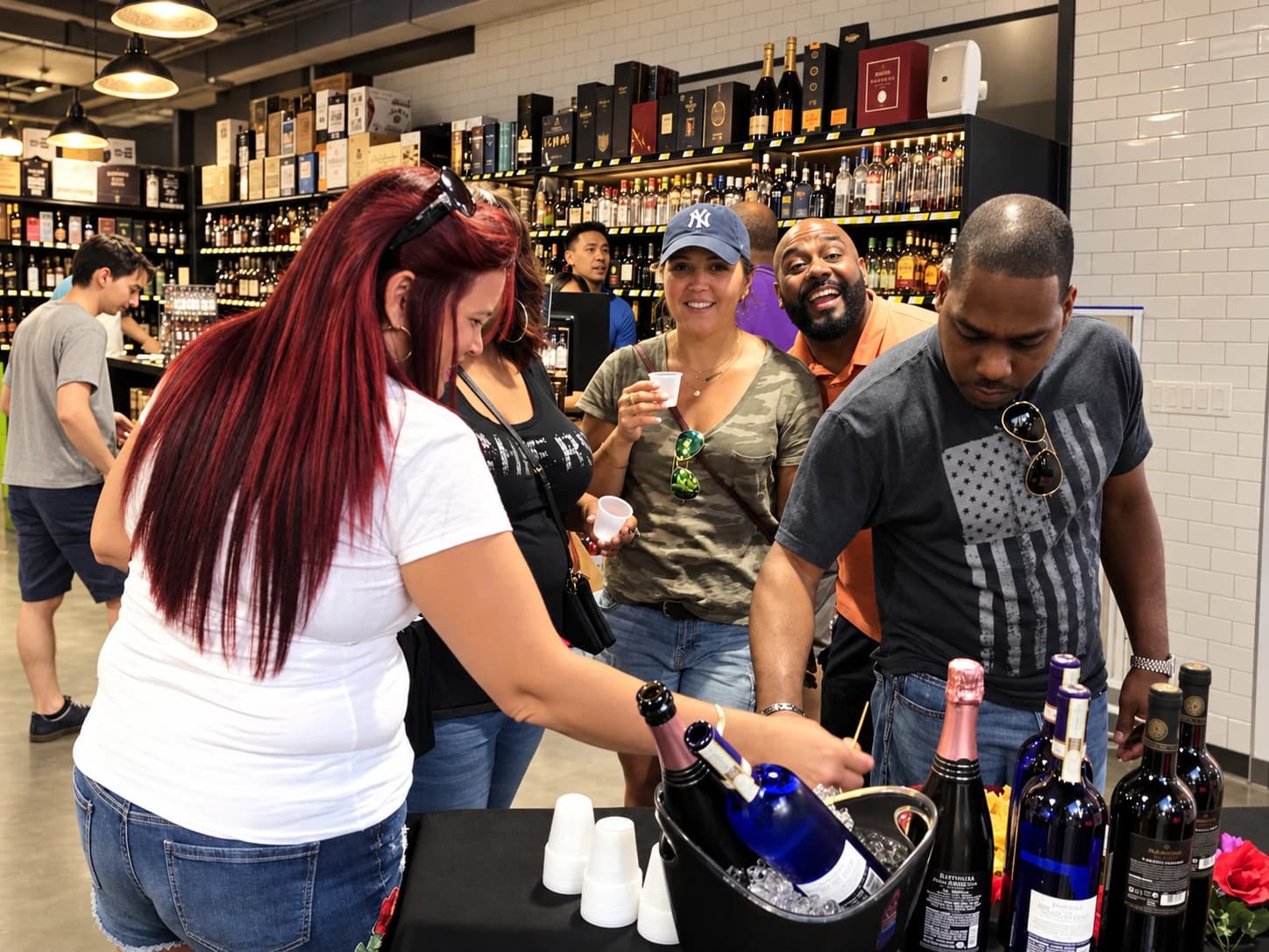 Neighbors gathered around bottles and an ice bucket for an in-store wine tasting at Amster Wine.