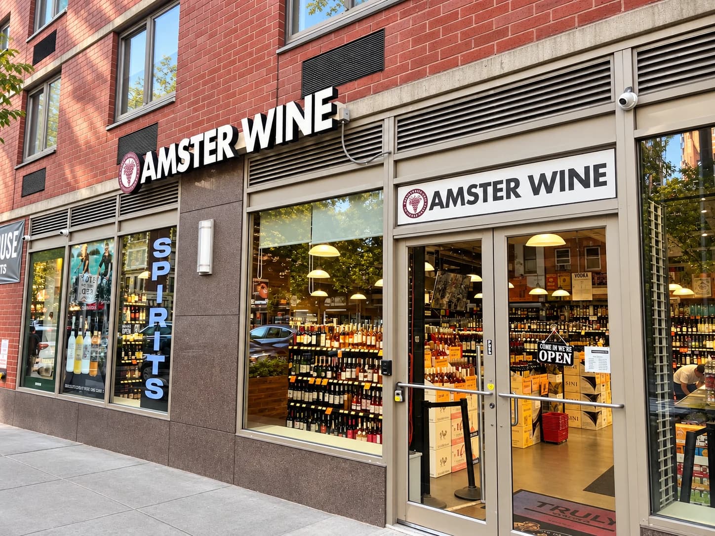 The brick Amster Wine storefront on Ninth Avenue, with white signage and a glass entrance.