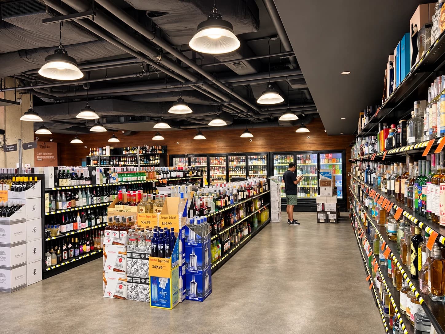 A wide aisle at Amster Wine, with wine displays, a full spirits wall and refrigerators at the back.