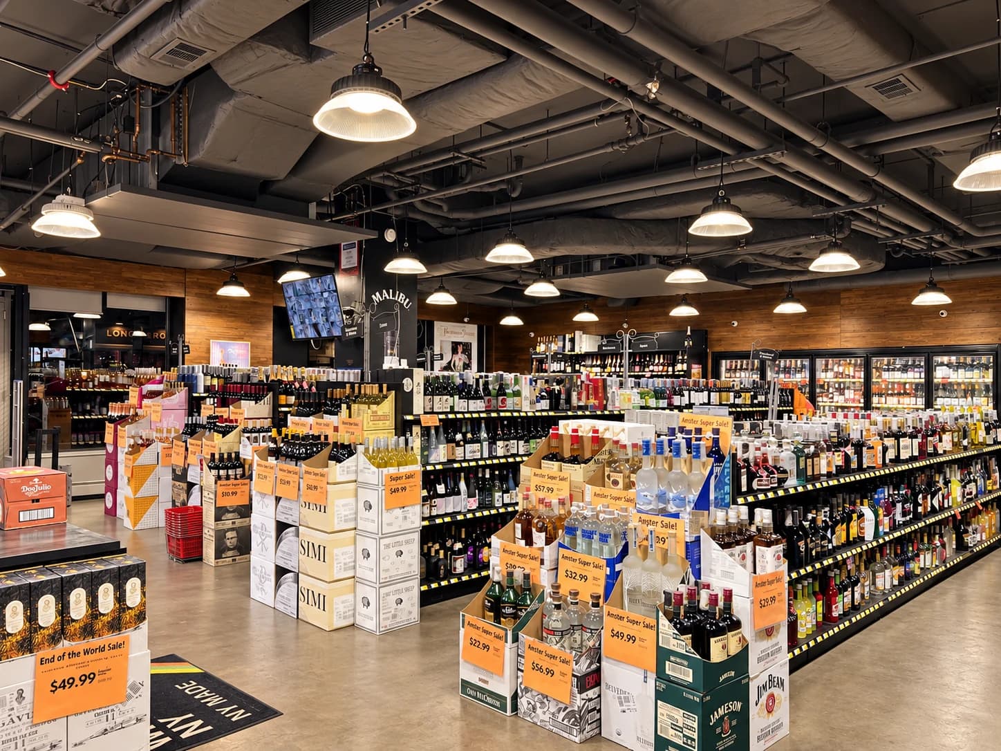 A broad view across Amster Wine’s stocked wine and spirits aisles and chilled bottle selection.