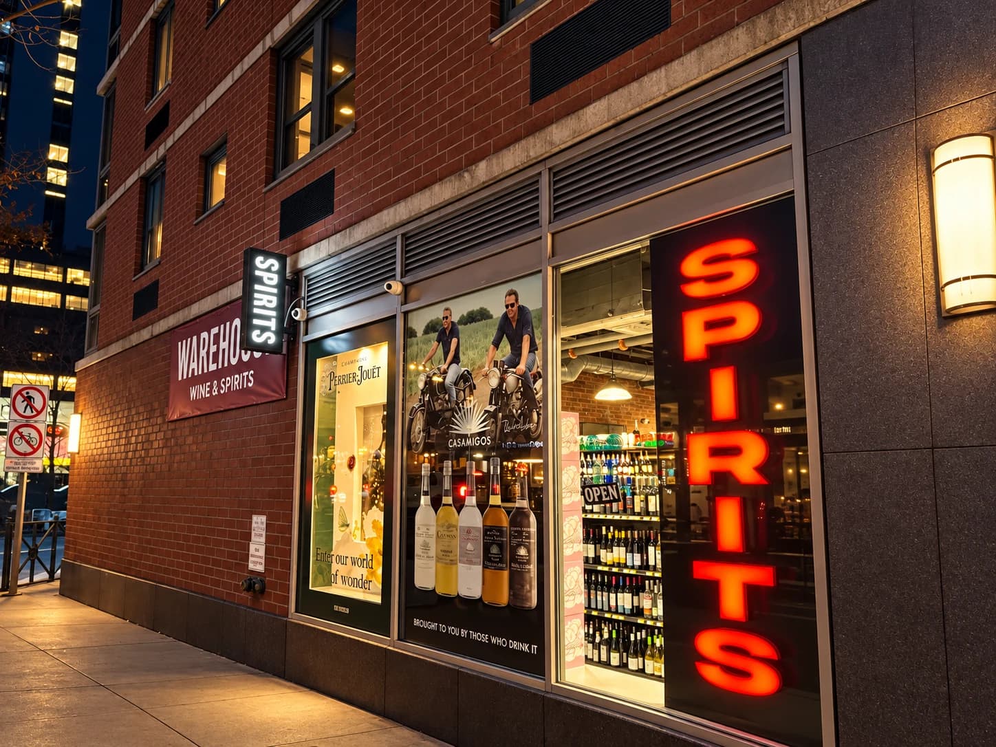 Amster Wine after dark, with illuminated SPIRITS signage and warmly lit windows.