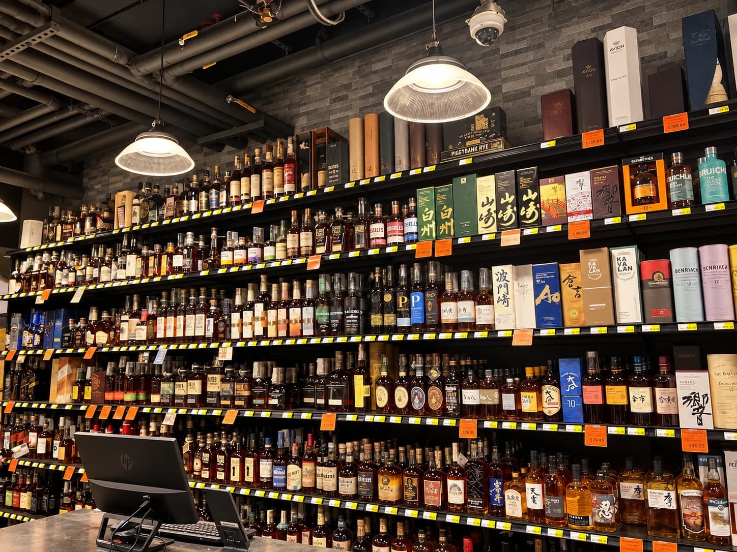 The Amster Wine whiskey wall, with bourbon, Scotch and Japanese whisky across several shelves.