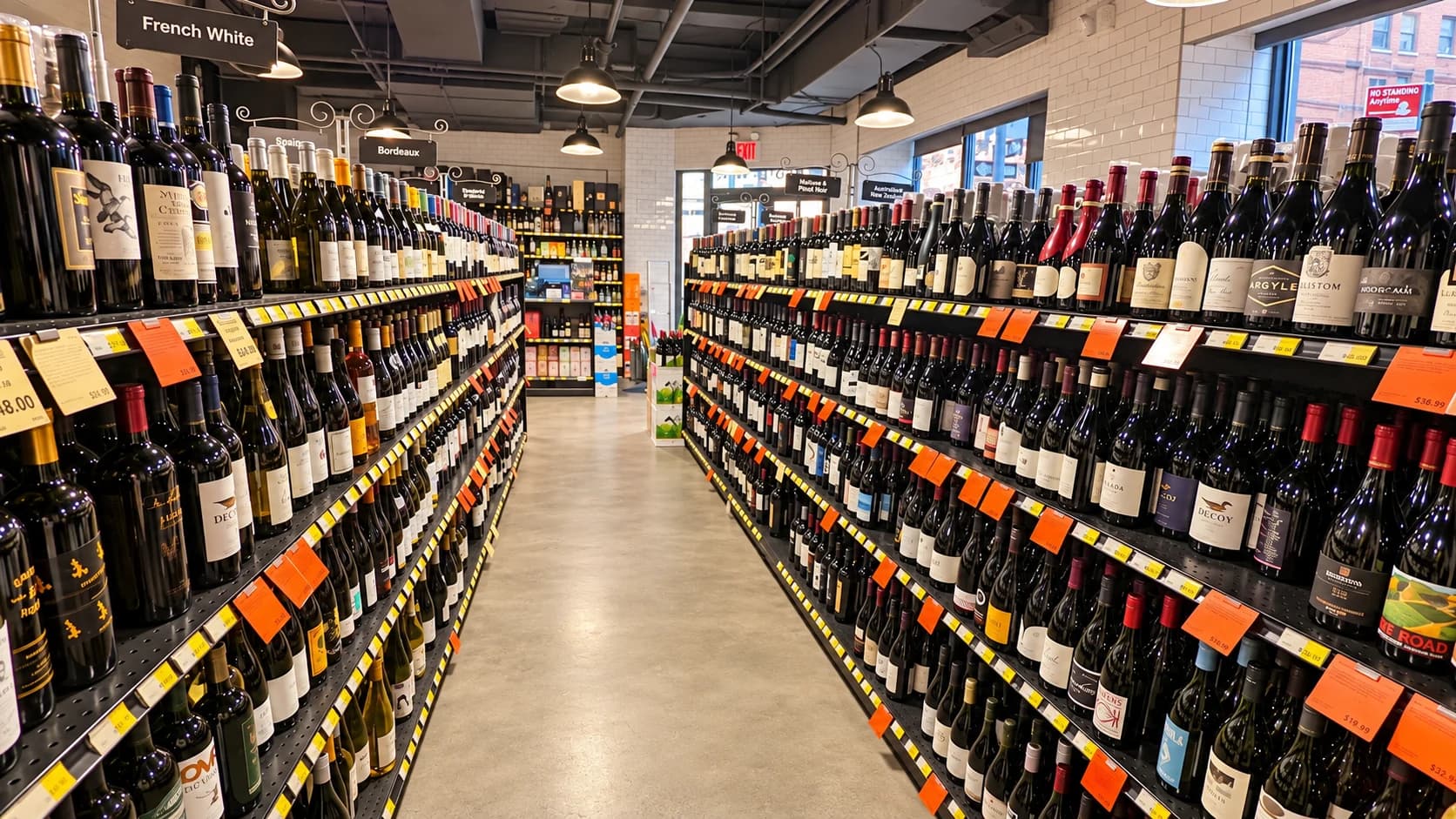 An aisle of wines from France and around the world, with regional signs above the shelves.