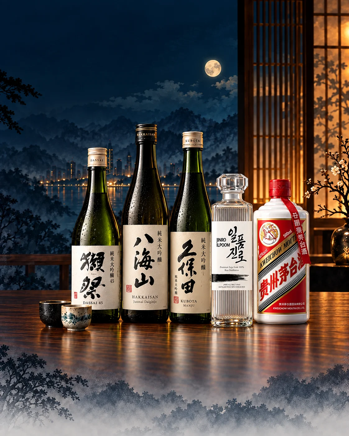 Dassai 45, Hakkaisan and Kubota Manju sake, Jinro Il Poom Korean soju and Kweichow Moutai in a moonlit illustrated lounge