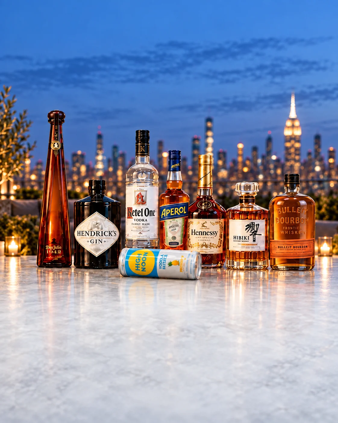 Don Julio 1942, Ketel One, Aperol, Hendrick’s Gin, Hennessy, Hibiki Japanese Harmony and Bulleit Bourbon with a High Noon can lying on the rooftop bar